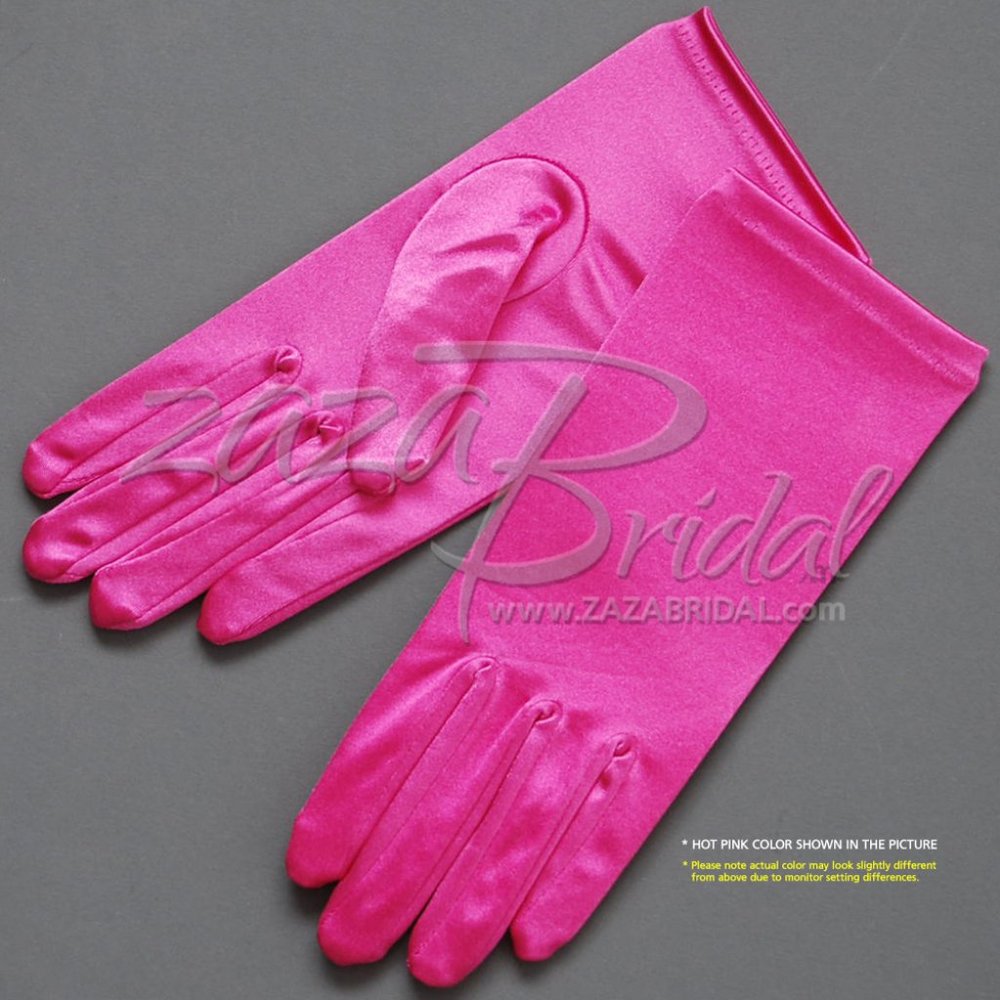 Shiny Stretch Satin Dress Gloves Wrist Length 2BL - Hot Pink